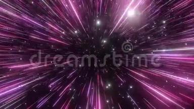 抽象超空间背景。 光的速度，霓虹发光的光线和恒星的运动。 紫罗兰版。 穿过星星。